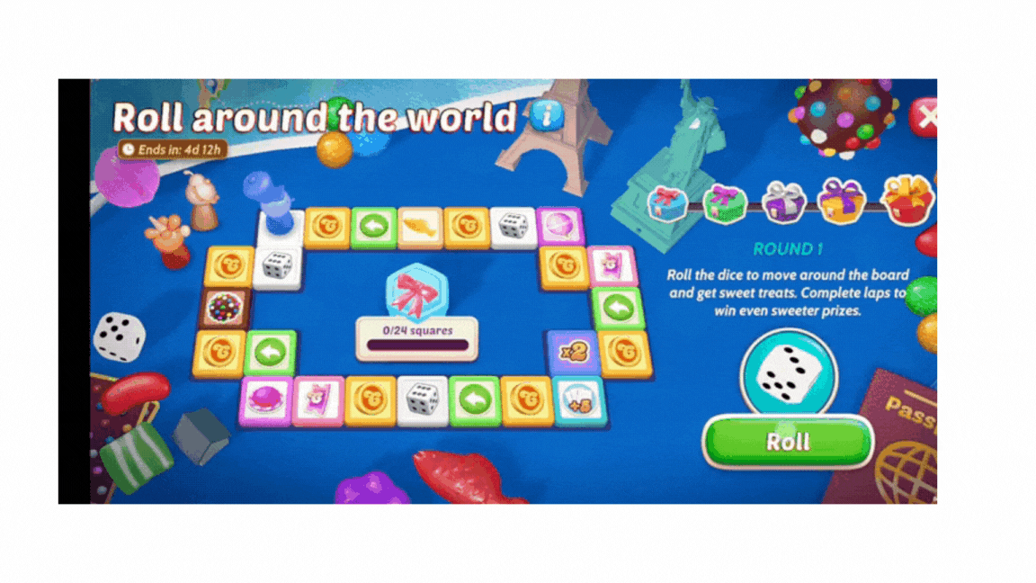 Κυλήστε γύρω από τον κόσμο στο Candy Crush Solitaire. Ένα επιτραπέζιο παιχνίδι με ζάρια και πλακίδια με θέμα τα γλυκά
