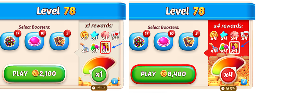 레벨 78의 두 개의 나란히 있는 Candy Crush Solitaire 화면. 왼쪽은 1× 보상과 녹색 'Play 2,100' 버튼을 보여주고, 오른쪽은 4× 베팅 옵션과 4배 보상 및 빨간색 'Play 8,400' 버튼을 보여줍니다.