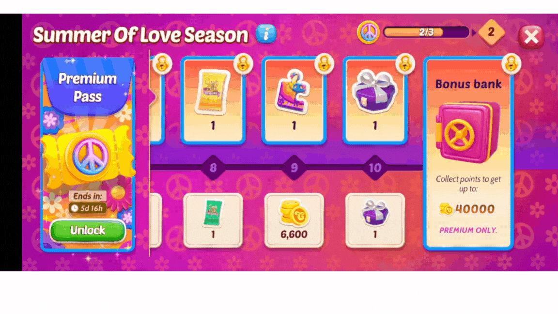 Pass de Saison dans Candy Crush Solitaire. Le premier écran montre les différentes récompenses à réclamer pendant la période du Pass de Saison, et le second montre l'info-bulle avec ce texte : Battez des niveaux pour collecter des bonbons, obtenez le pass premium pour profiter d'une saison plus douce et Activez le Pass Premium pour obtenir des récompenses supplémentaires.