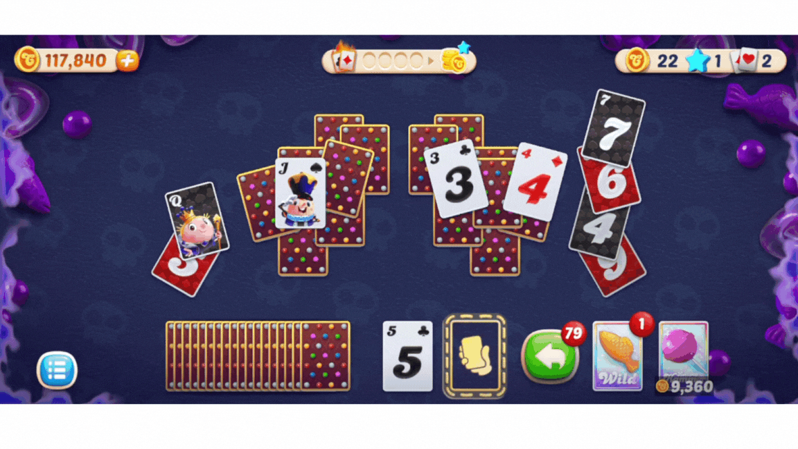 Streak Meter in Candy Crush Solitaire. A CCSOL board where the player is collecting four cards in a row, so the Streak Meter progresses and finally gives out a reward in coins