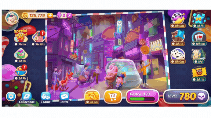 Bomba colore in Candy Crush Solitaire. Il giocatore la seleziona come booster, la carta viene aggiunta alla pila e poi viene usata per raccogliere tutte le carte scoperte rimaste.
