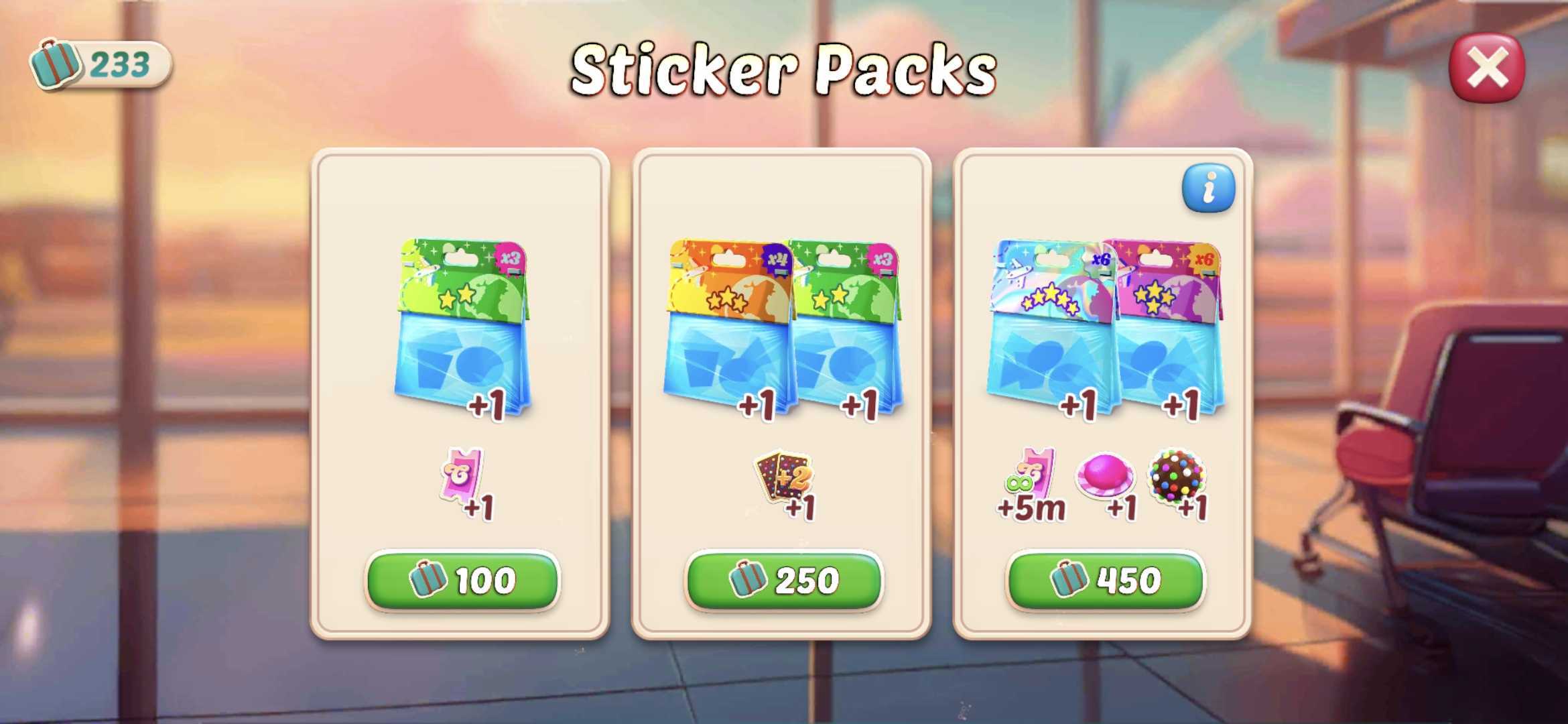 Sticker Packs screen showing three packs side by side and their "price" in suitcases. From left: a single green pack for 100 suitcases (+1 sticker), a two-pack (orange + green) for 250 (+1 sticker + 2 cards), and a double blue/purple premium pack for 450 (+1 sticker + 5M coins + 1 candy + 1 color bomb).