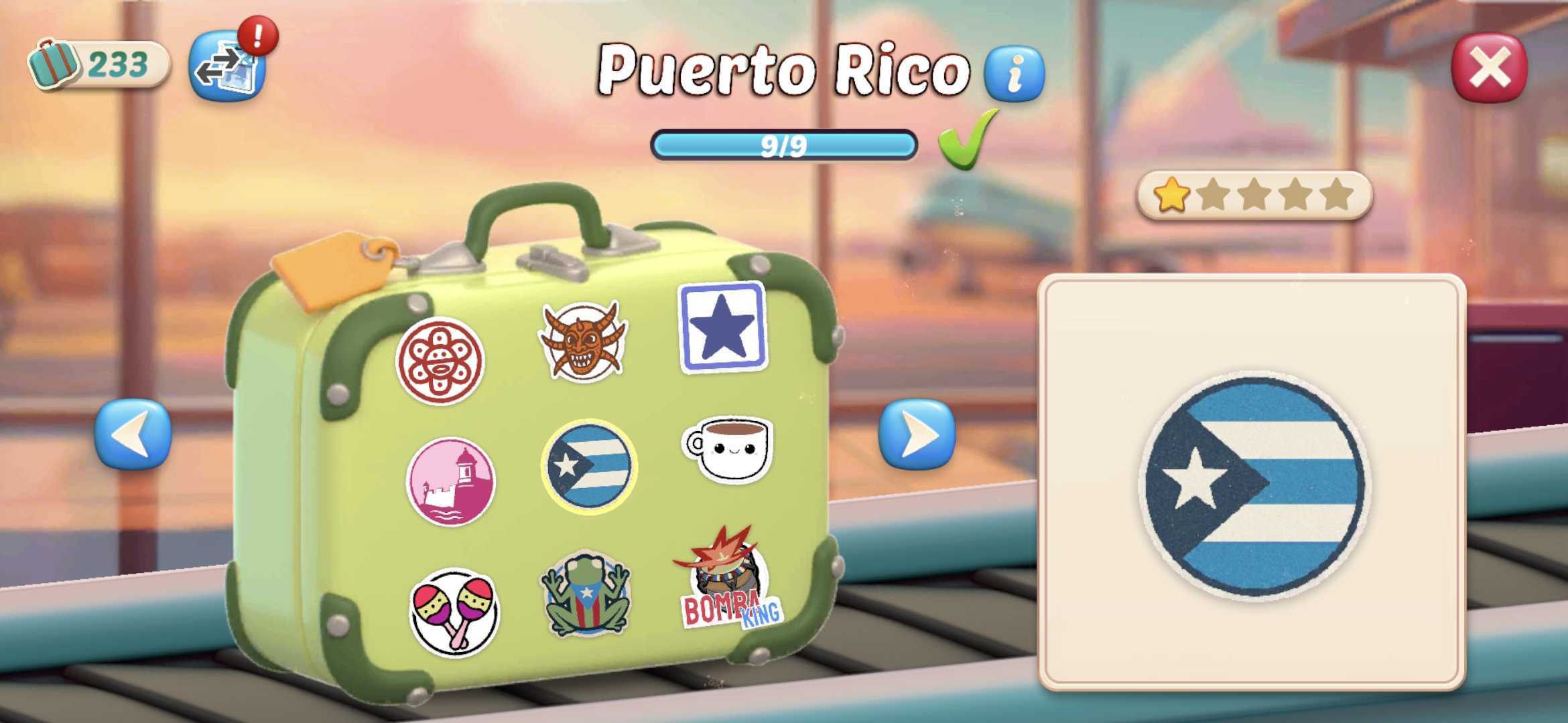 Green suitcase in the Sticker Collection feature in Candy Crush Solitaire,  decorated with nine Puerto Rico–themed stickers, showing 9/9 completion and a preview of the Puerto Rican flag patch.