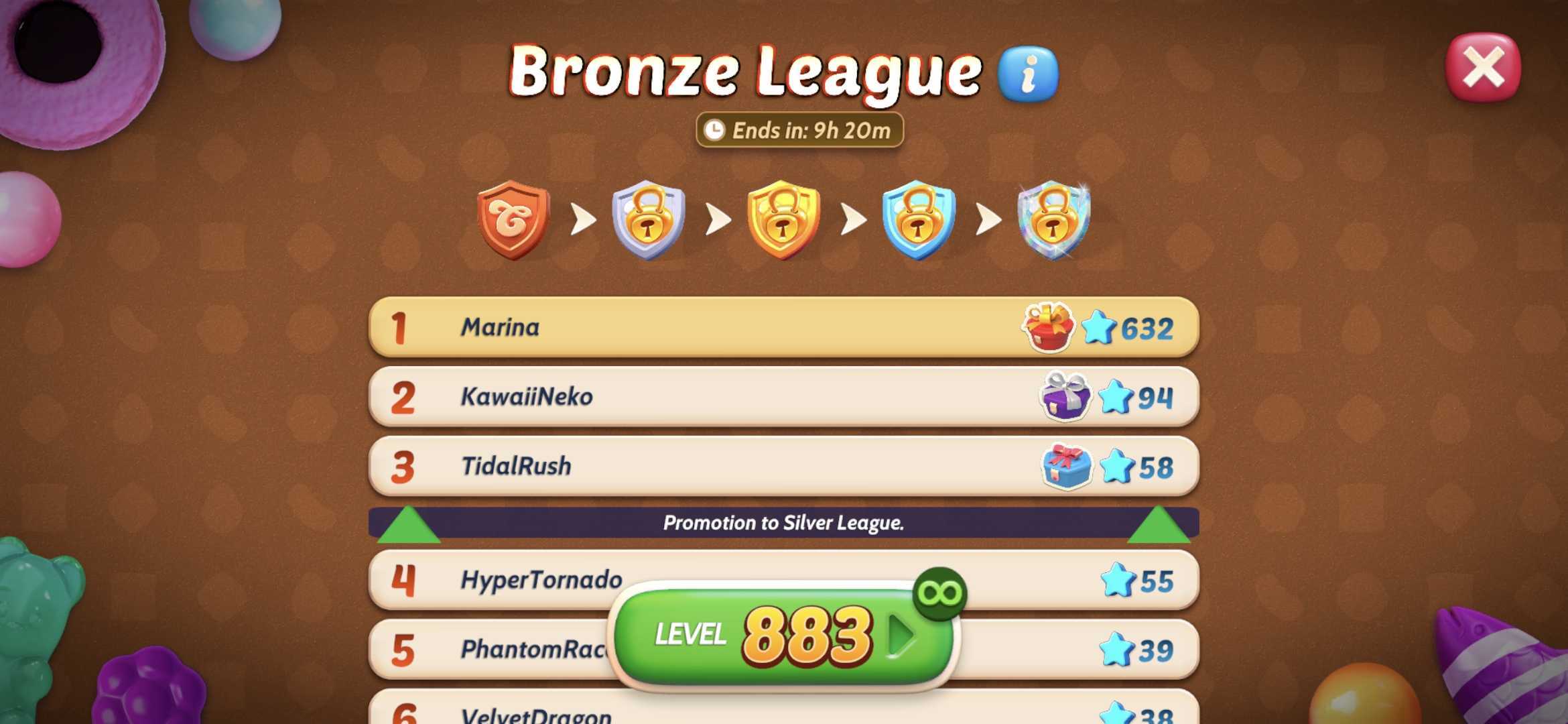 Candy Crush Solitaire leaderboard screen titled “Bronze League” showing player rankings, points, and a countdown timer, with Marina in first place at 632 stars and promotion to Silver League indicated below the top three positions.